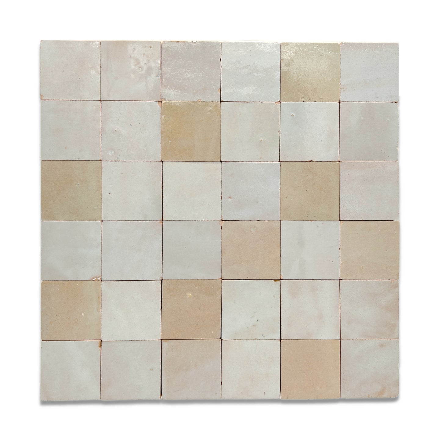 2x2 zellige square mosaic tiles with a variety of grey beige colors. Ideal for a zellige kitchen backsplash, shower floors, and walls.
