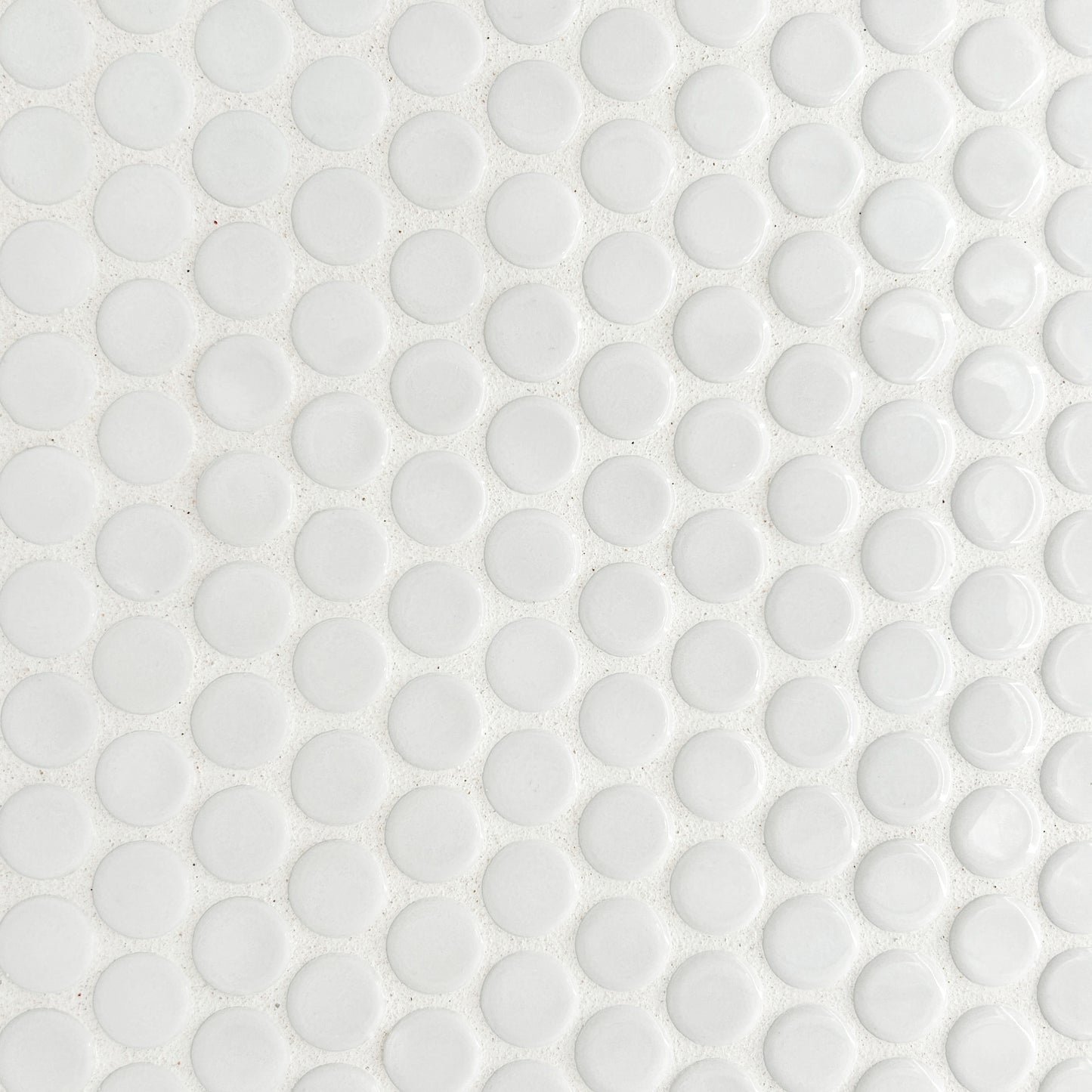 Glossy white porcelain penny round tiles shown installed with a white grout. Ideal for bathroom floors, showers, and steam showers.