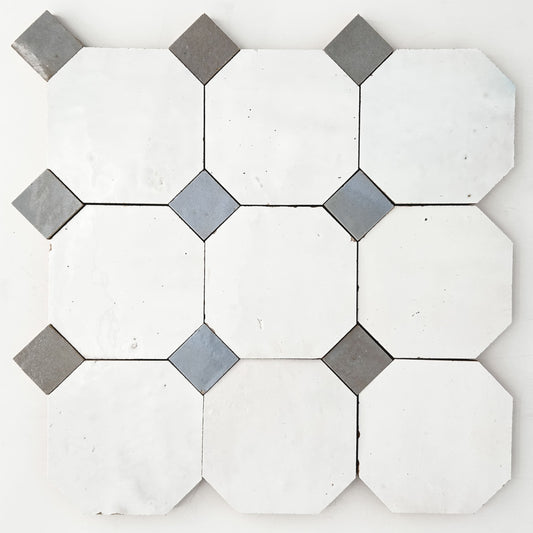 4" Octagon and Dot Zellige Tile | Palacio White + Moroccan Sky